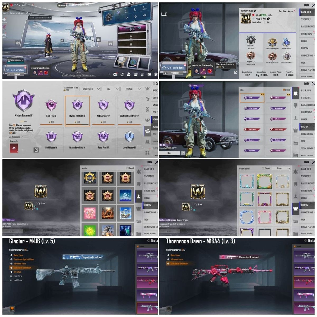 #119 LV 73 ❄️ M416 GLACIER LVL 5 🌹 M16A4 THORNROSE LVL 3 👕 SET 130 🎖️ RP A11 A12 A16 A17 MAX 👑